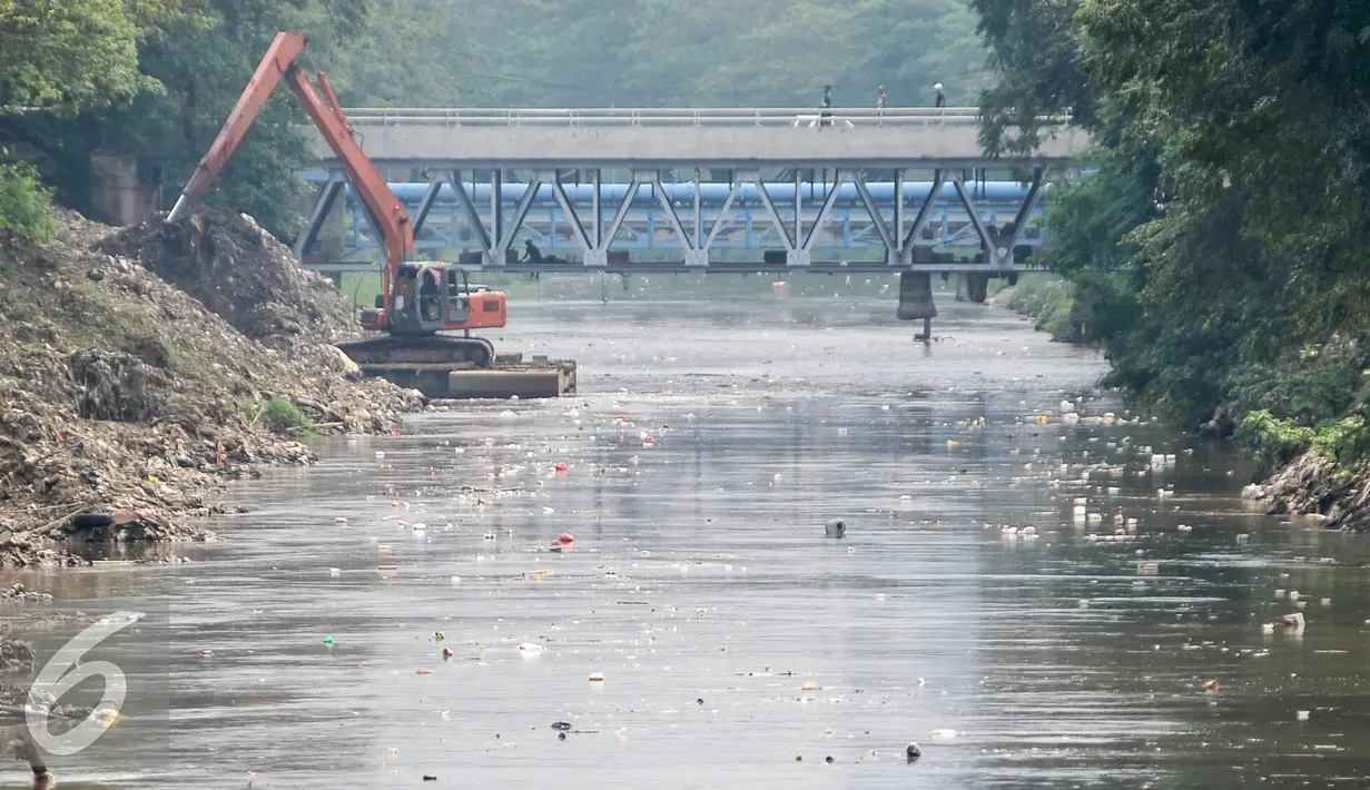  Warga menonton alat berat mengeruk kali Ciliwung di jalur Manggarai, Jakarta, Selasa (12/7). Cegah pendangkalan, Dinas Tata Air DKI Jakarta keruk kali Ciliwung. (Liputan6.com/Yoppy Renato)