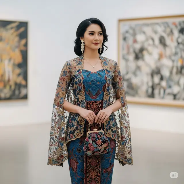 Model Long Dress Batik Brokat dengan Outer Transparan (Image by Gemini AI)