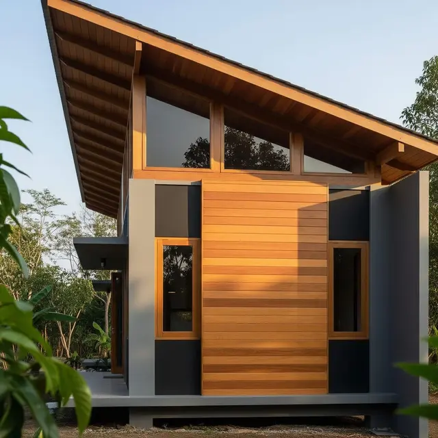 Desain Rumah Sempit Atap Miring ke Belakang