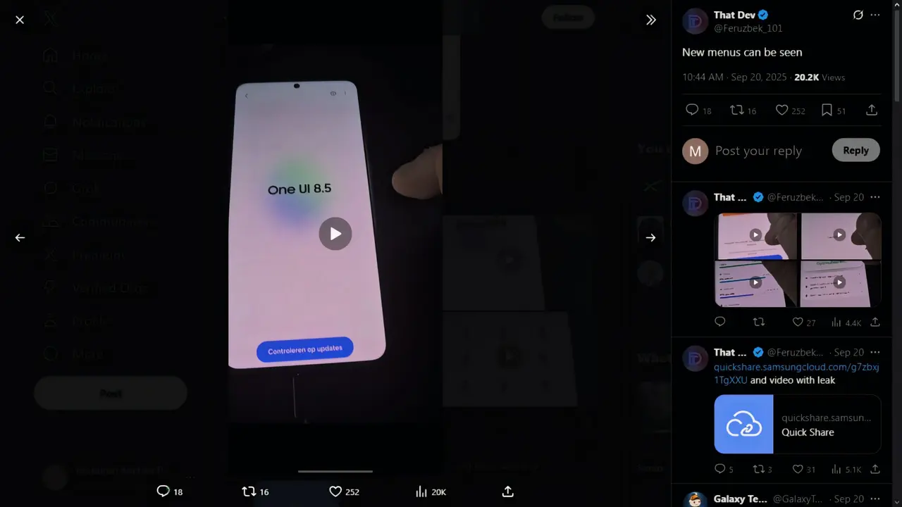 Bocoran Samsung One UI 8,5 di 'X' oleh That Dev (@Feruzbek_101).