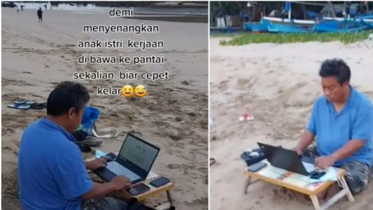 Demi Turuti Anak dan Istri Liburan, Pria ini Bawa Laptop dan Meja Kerja ke Pantai