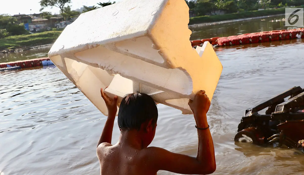 Seorang anak membawa styrofoam untuk berenang di Kanal Banjir Barat, Jakarta, Jumat (23/3). Anak-anak nekat berenang di lokasi ini meski berbahaya bagi kesehatan dan keselamatan. (Liputan6.com/Immanuel Antonius)