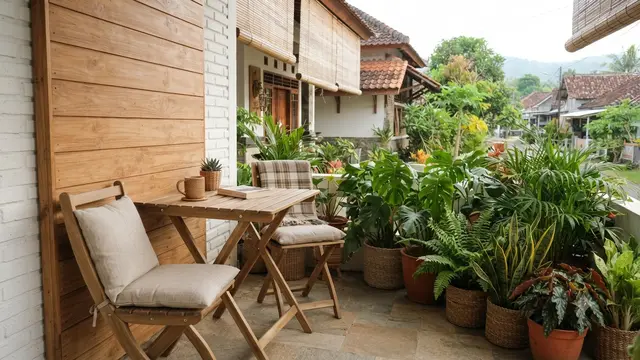 Desain Outdoor Lounge Konsep Japandi untuk Rumah Kecil, Cara Maksimalkan Ruang dan Fungsinya Model Pemanfaatan Sudut Teras dengan Furnitur Lipat