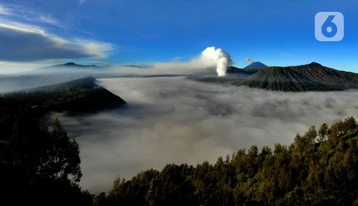 Eruspsi Gunung Semeru dengan kawasan kaldera Bromo yang diselimuti kabut tebal di Bukit Seruni, Probolinggo, Jawa Timur, Minggu (30/4/2023). (merdeka.com/Arie Basuki)