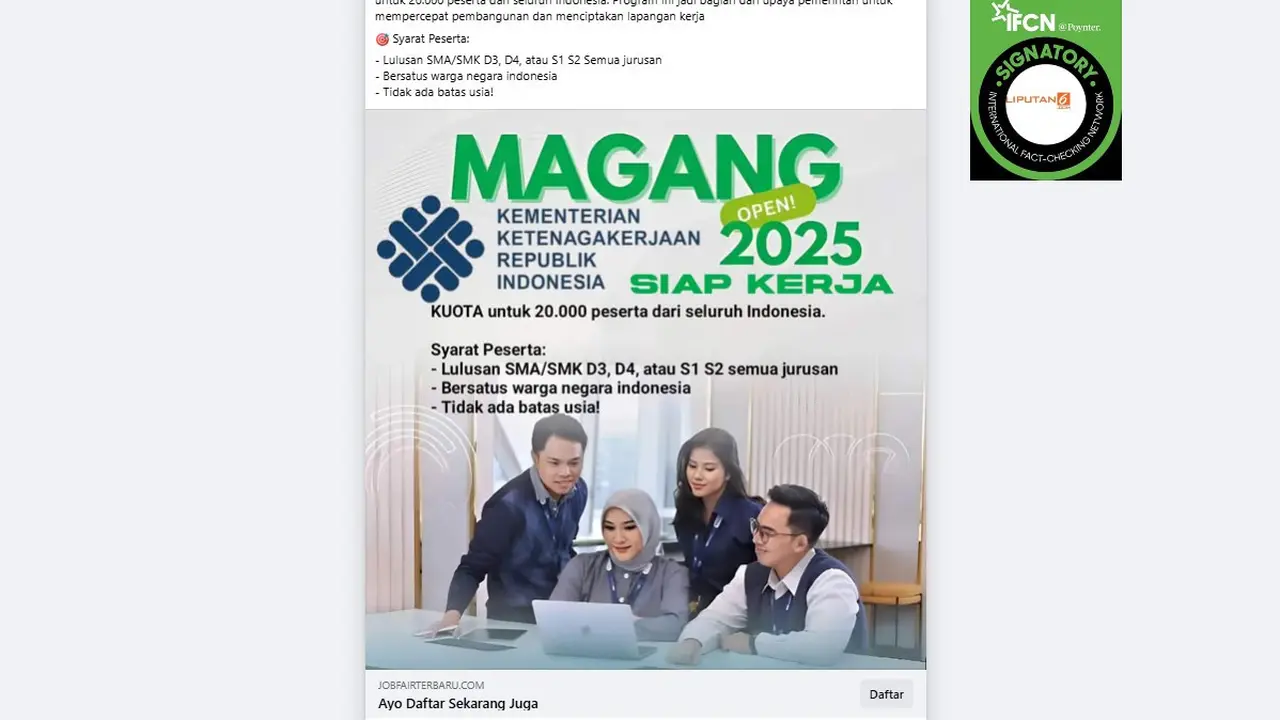 Tangkapan layar klaim link pendaftaran magang Kemnaker 2025 yang beredar di Facebook