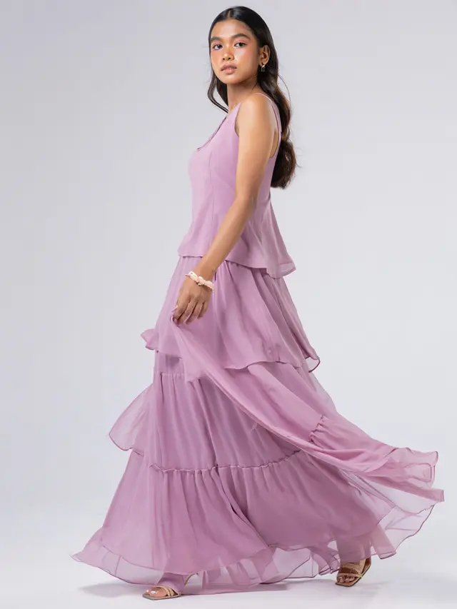 Model Long Dress Warna Pastel Kombinasi Chiffon untuk Pesta