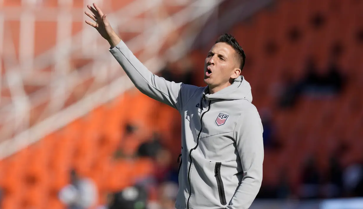 Selebrasi striker Timnas Amerika Serikat U-20, Cade Cowell setelah mencetak gol kedua ke gawang Selandia pada laga babak 16 besar Piala Dunia U-20 2023 di Malvinas Argentinas Stadium, Mendoza, Argentina, Rabu (31/5/2023) dini hari WIB. (AP Photo/Natacha Pisarenko)