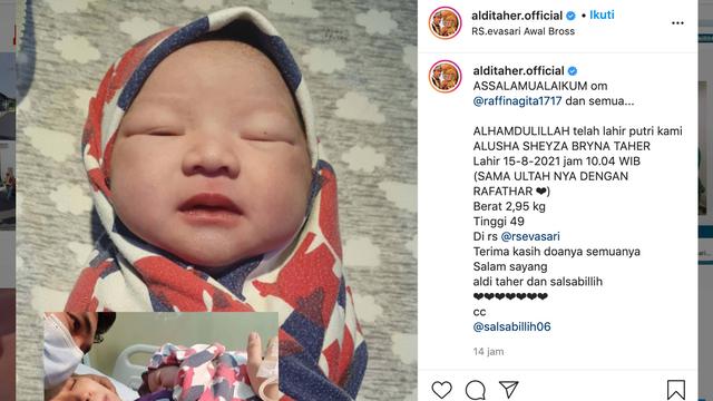 Unggahan Aldi Taher soal kelahiran putrinya. (Foto: Instagram @alditaher.official)