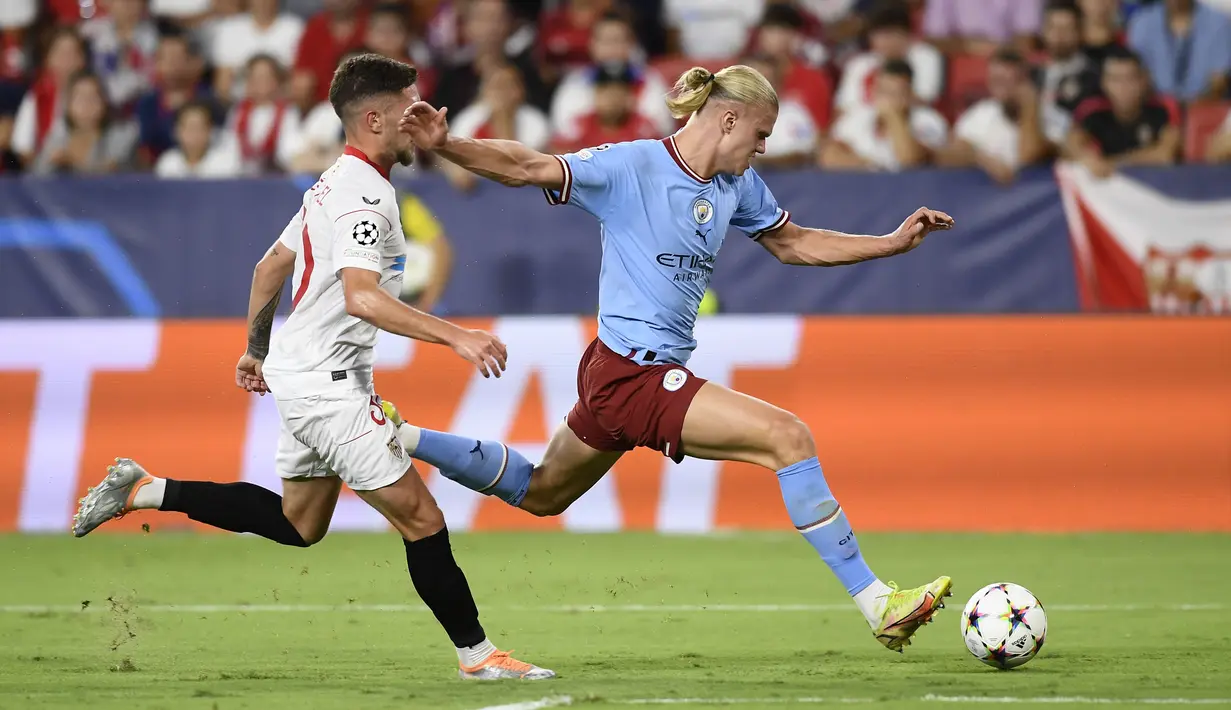 Haaland memborong dua gol dalam kemenangan Manchester City kali ini. Sementara itu, dua gol lainnya masing-masing diciptakan oleh Phil Foden dan Ruben Dias. (AP/Jose Breton)
