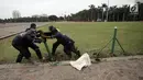 Petugas Unit Pengelola Kawasan (UPK) Monas mencabut pagar pembatas rumput di dalam kawasan Monas, Jakarta, Jumat (11/1). Langkah ini dilakukan Pemprov DKI untuk memberi akses kepada warga agar bisa memanfaatkan taman di sana. (Liputan6.com/Arya Manggala)