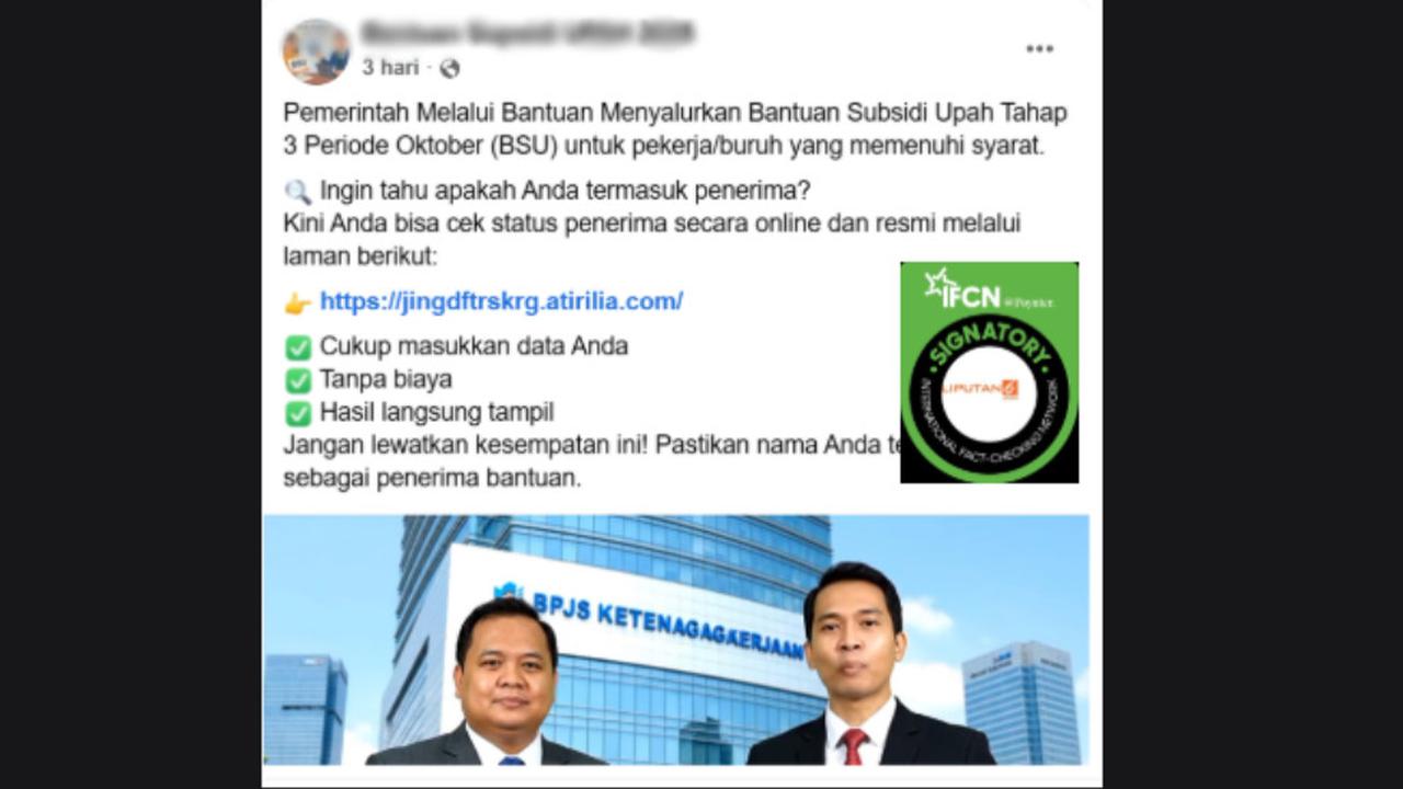 Klaim link untuk mengecek penerima Bantuan Subsidi Upah (BSU) periode Oktober di Facebook.