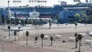 Tempat parkir Stadion Dodger yang menjadi pusat vaksinasi COVID-19 massal terlihat kosong dari aktivitas, Los Angeles, Amerika Serikat, Jumat (19/2/2021). California menutup beberapa pusat vaksinasi menyusul badai musim dingin yang menghambat pengiriman dosis. (AP Photo/Damian Dovarganes)