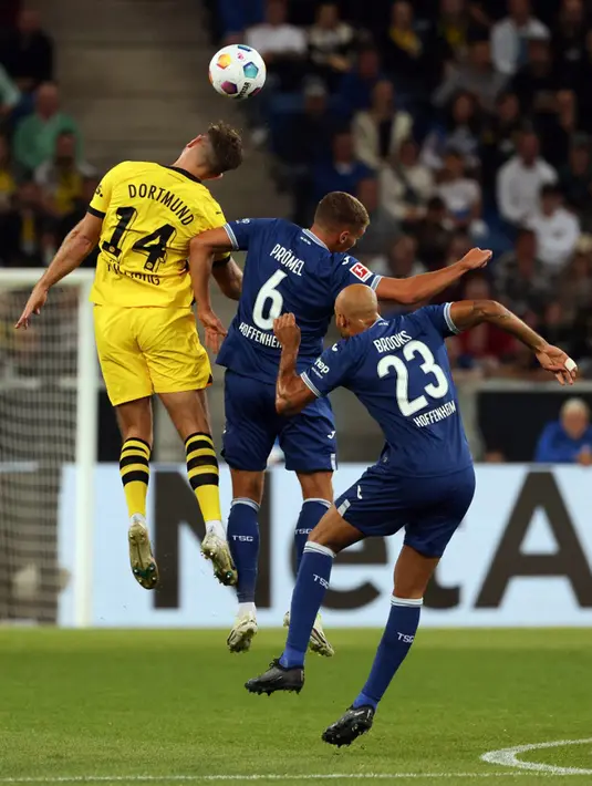 <p>Die Borussen langsung mengambil inisiatif menyerang terlebih dahulu pada pertandingan ini baru dimulai. Dortmund sukses mencuri keunggulan terlebih dahulu melalui gol Niclas Fullkrug memanfaatkan umpan Julian Brandt yang berawal dari kesalahan lini pertahanan Hoffenheim sehingga skor berubah menjadi 1-0 pada menit ke-18. (Daniel ROLAND/AFP)</p>