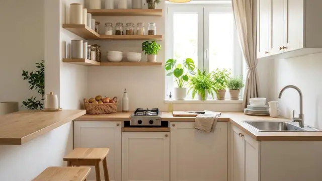 Dapur Scandinavian Natural dengan Tanaman dan Pencahayaan Hangat