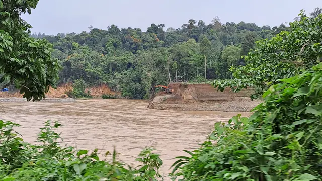 Alat berat sedang mengeruk sempadan Sungai Batang Hari di Nagari Lubuk Ulang Aling, Kecamatan Sangir Batang Hari, Kabupaten Solok Selatan, Sumatera Barat, Selasa (12/12/2023). (Liputan6.com/ Novia Harlina)
