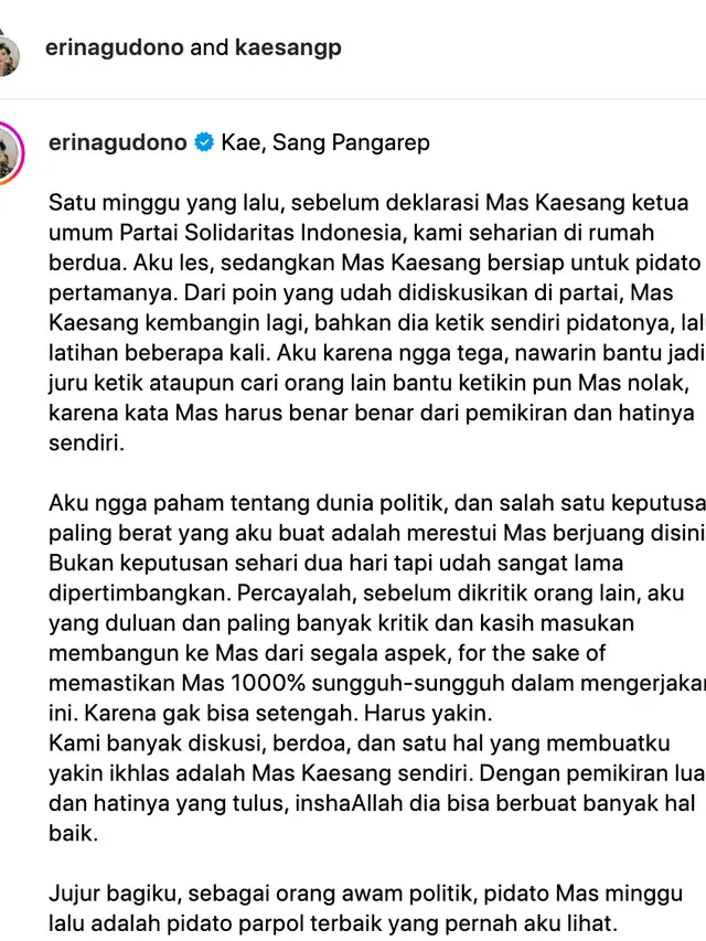 Unggahan Erina Gudono. (Foto: Dok. Instagram @erinagudono)