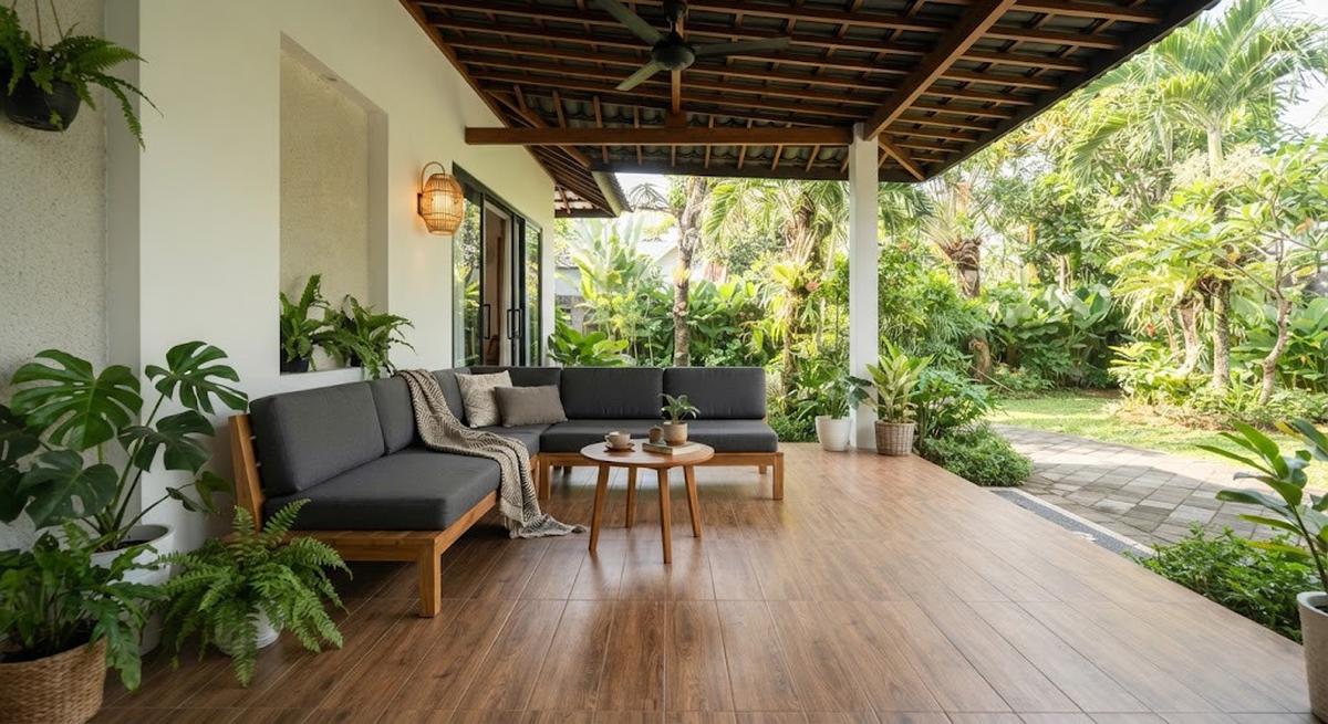 Model teras minimalis dengan lantai motif kayu yang cocok untuk rumah masa kini dengan pemasangan sofa