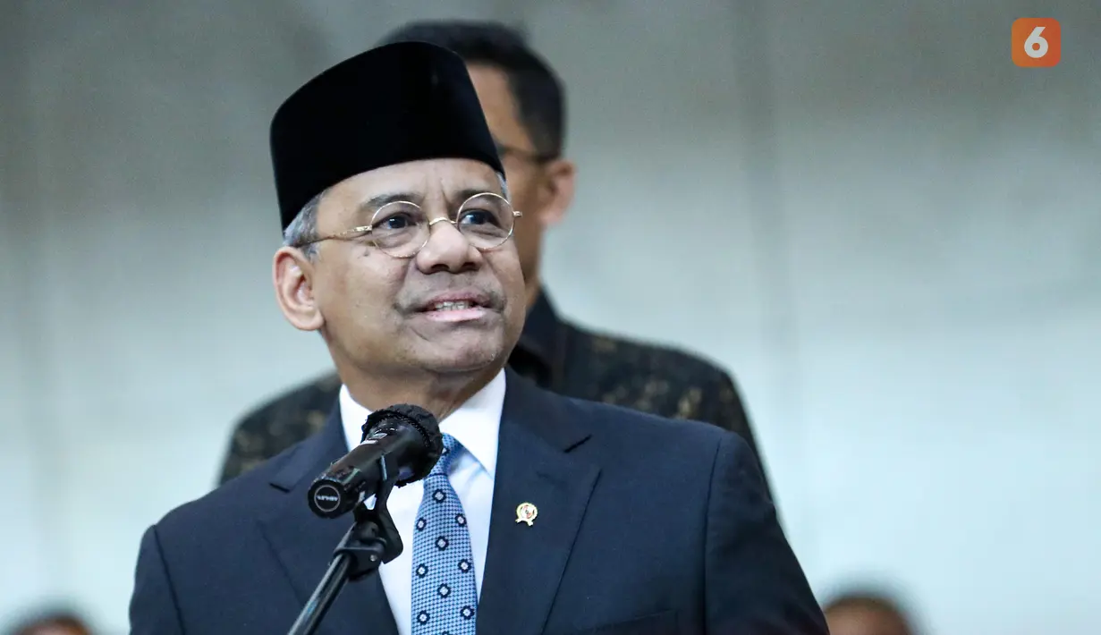Suahasil Nazara menyampaikan sambutan usai dilantik sebagai Menteri Keuangan di Kementerian Keuangan, Jakarta, Senin (14/9/2026). Presiden Prabowo Subianto melantik Suahasil Nazara sebagai Menteri Keuangan menggantikan Purbaya Yudhi Sadewa. (KLY/Budy Santoso)