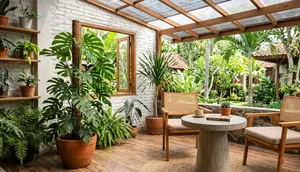 10 Ide Teras Rumah dengan Meja Semen dan Tanaman Monstera, Sudut Santai Paling Hits