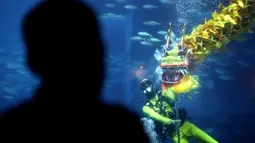 Penyelam berenang di antara gerombolan ikan saat pertunjukan barongsai naga di South East Asia Aquarium, Resorts World Sentosa di Singapura, Rabu (25/1). Pertunjukan di bawah permukaan laut itu untuk menyambut Tahun Baru Imlek 2568. (AP Photo/Wong Maye-E)