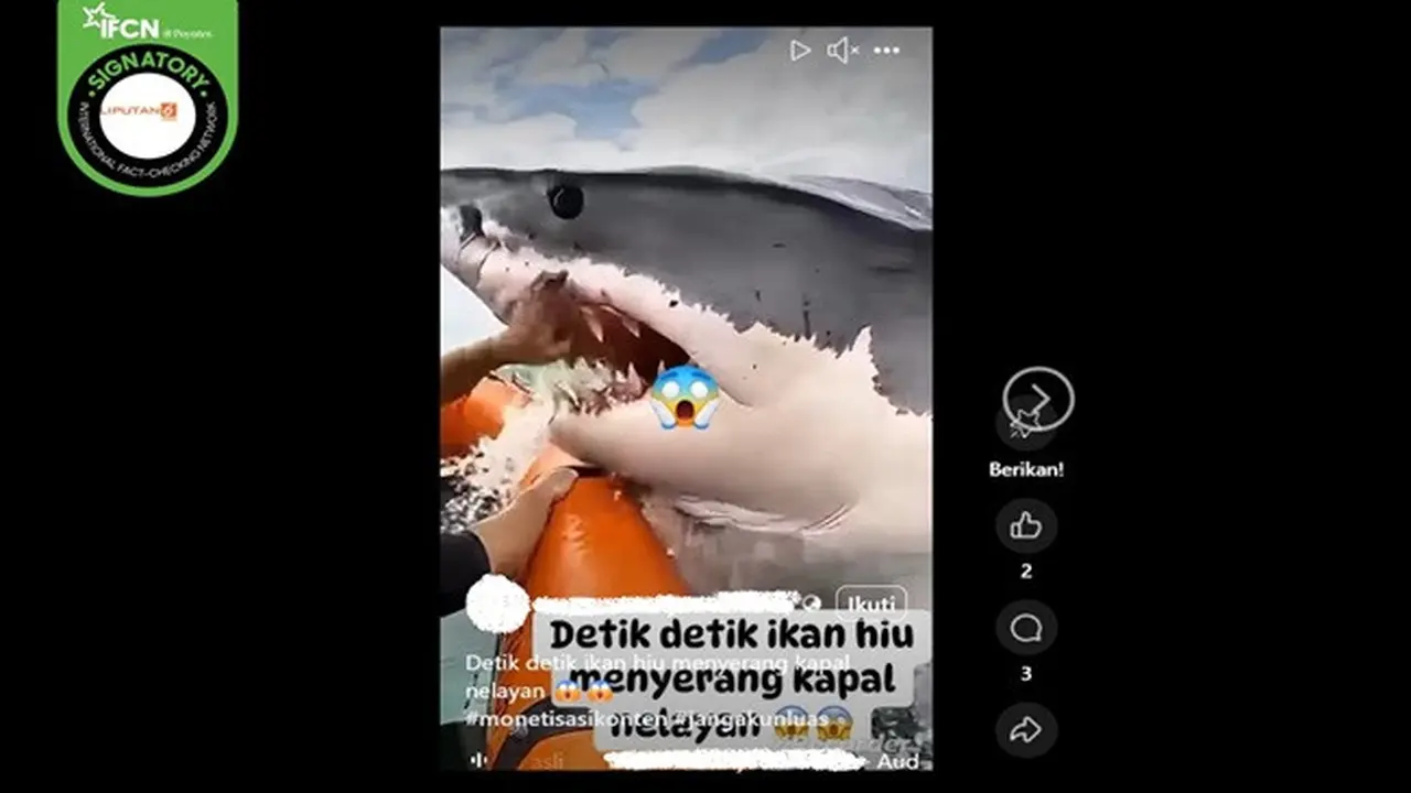 Gambar tangkapan layar video yang diklaim seekor ikan hiu menyerang kapal nelayan. (sumber: Facebook)