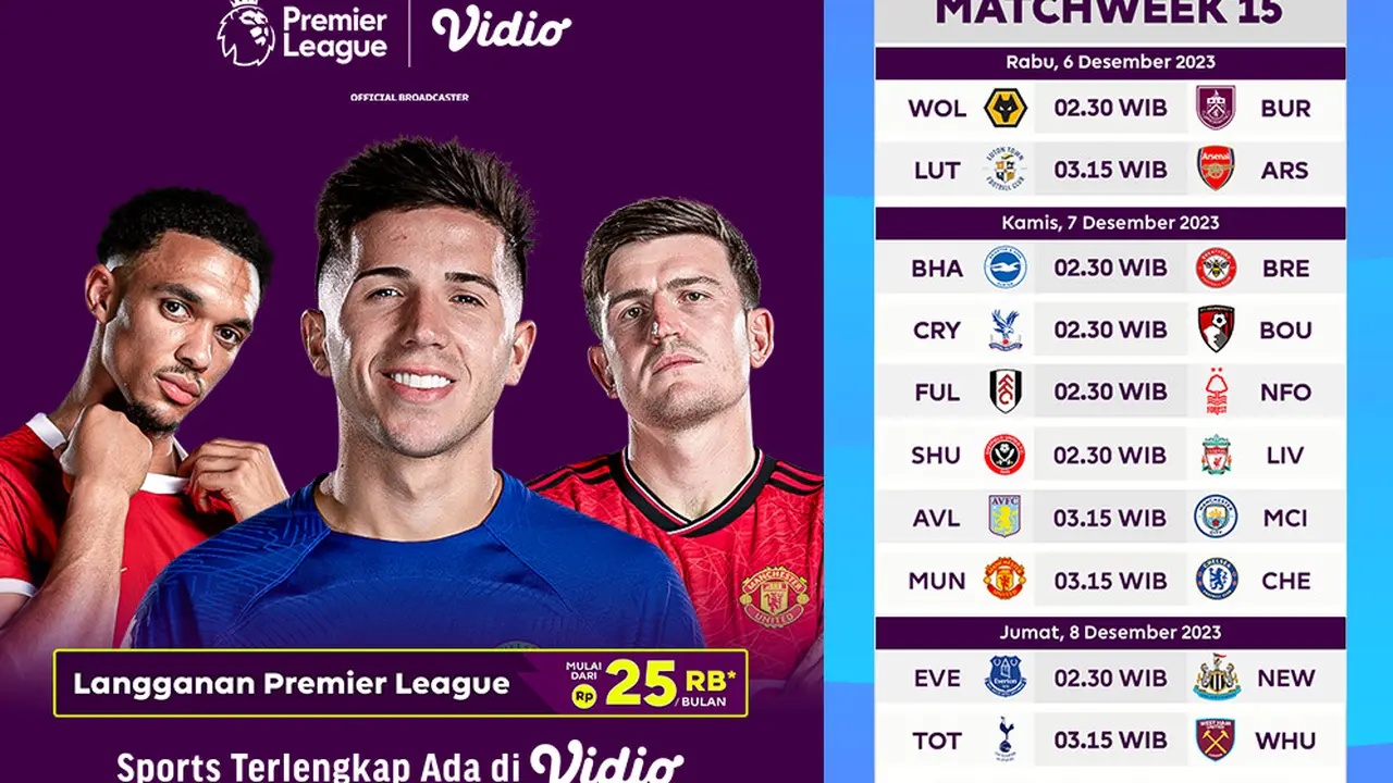 Jadwal dan Link Streaming Premier League Matchweek 15 di Vidio