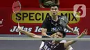 Bermain tiga set, Muhammad Shohibul Fikri/Bagas Maulana harus mengakui keunggulan Kim Astrup/Anders Skaarup Rasmussen. (Liputan6.com/Herman Zakharia)