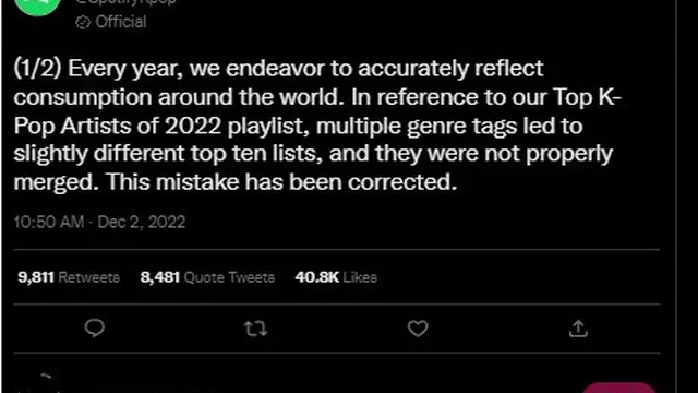Unggahan Spotify. (Twitter/ SpotifyKpop)