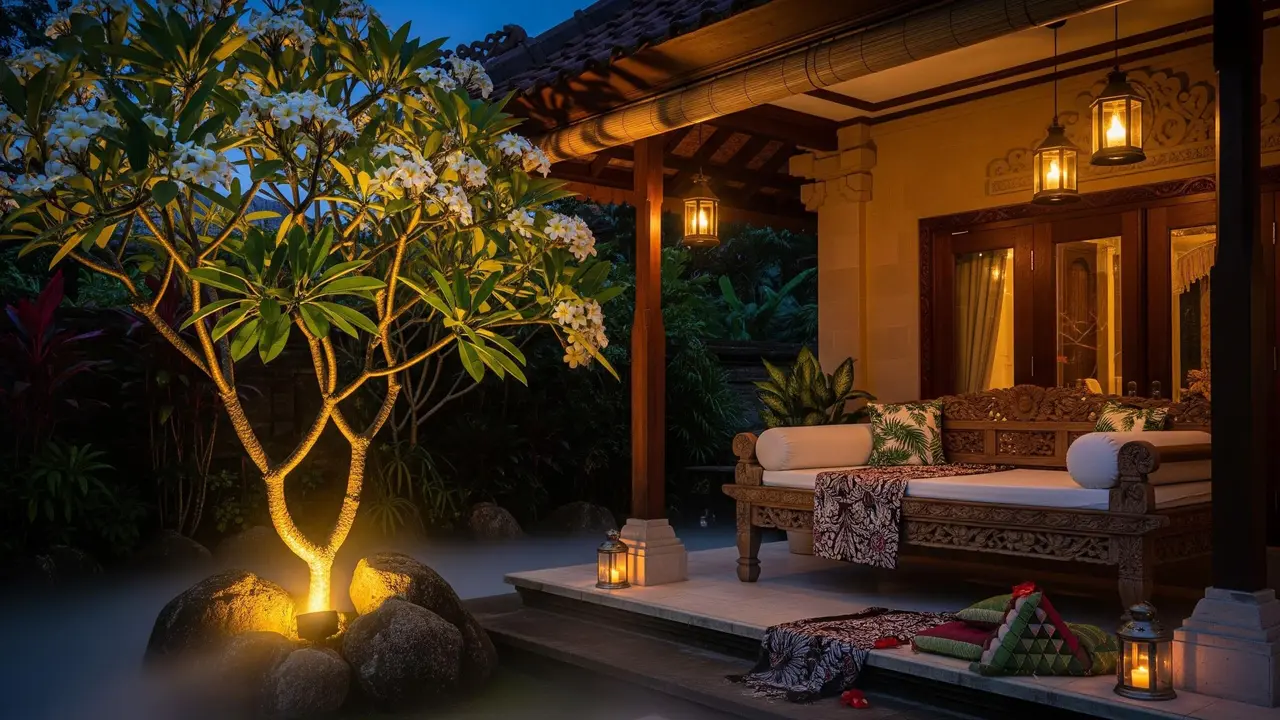 Model Teras Depan Rumah dengan Pohon Kamboja Bikin Nuansa Bali