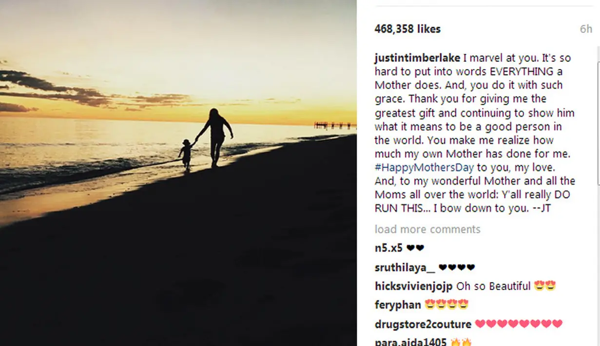 Di akun Instagramnya, Justin mengunggah sebuah foto yang memperlihatkan Jessica tengah menggandeng tangan kedua putranya sambil berjalan di tepi pantai. Ia juga menuliskan serangkaian kata sebagai bentuk ucapannya. (Instagram/justintimberlake)