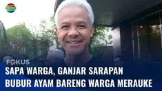 Calon Presiden Ganjar Pranowo jalan sehat bersama warga Merauke, Papua Selatan. Ganjar sempat mentraktir warga yang melintas untuk ikut sarapan bubur ayam bersama.
