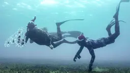 Penyelam berjuang untuk menempatkan pohon Natal di dasar laut lepas pantai Tripoli, Lebanon, Selasa (18/12). Hal ini dilakukan untuk menyambut Natal. (IBRAHIM CHALHOUB/AFP)
