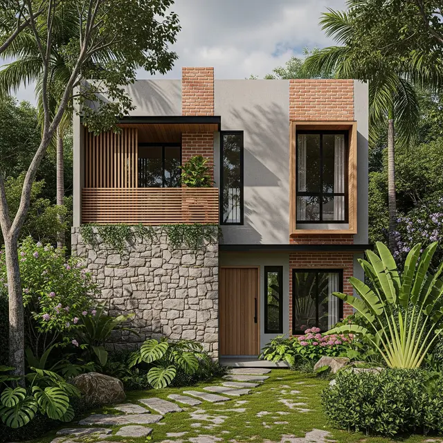 Desain Rumah Kecil 8x15 m dengan Konsep Tropis Modern yang Asri (Image by Gemini AI)