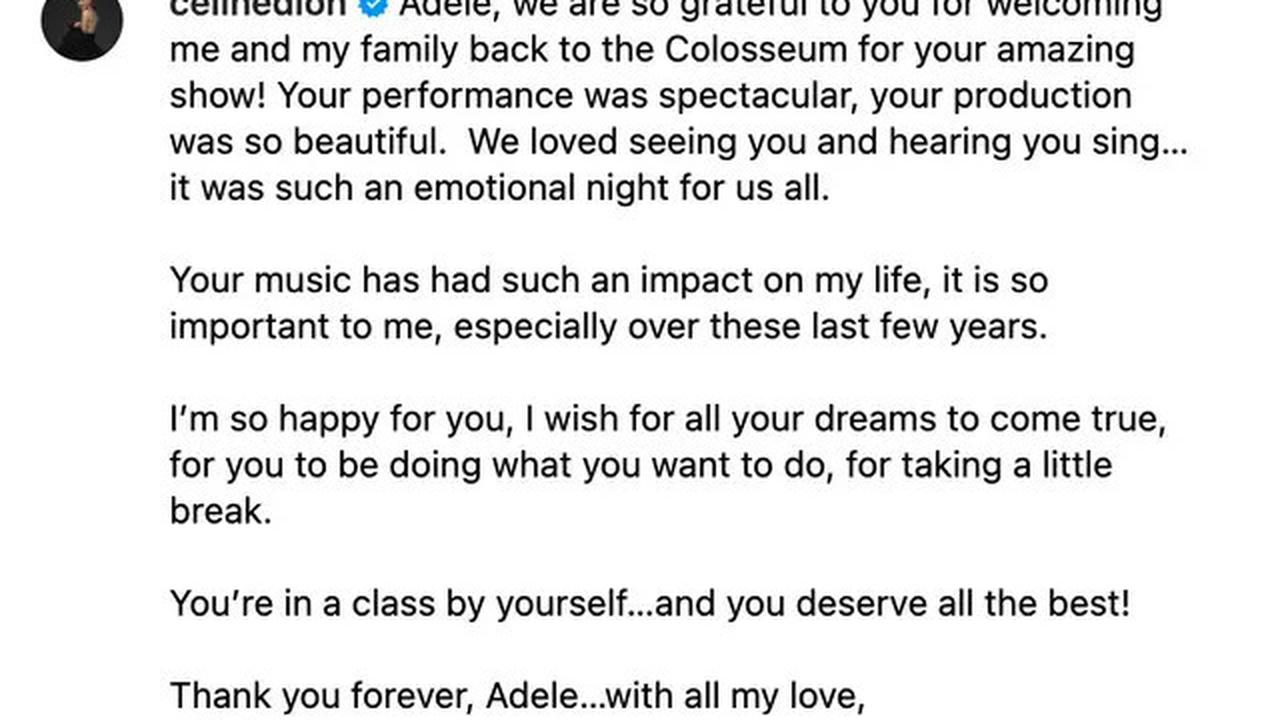 Surat Terbuka Celine Dion Setelah Viral Adele Memeluknya Sambil Nangis di Sela Konser
