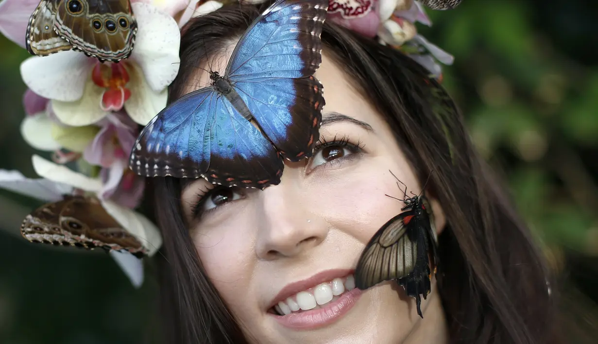 Seorang model bernama, Jessie May Smart mengenakan mahkota bunga yang dihinggapi kupu-kupu berpose di RHS Wisley di Wisley, Inggris, (13/1). Acara tersebut merupakan bagian dari pembukaan "Butterflies in the Glasshouse". (AFP/Adrian Dennis)