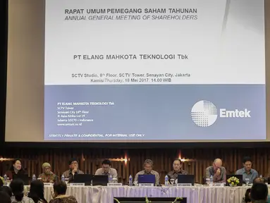 Suasana saat Rapat Umum Pemegang Saham Tahunan (RUPST) PT Elang Mahkota Teknologi Tbk (EMTK) di SCTV Tower, Jakarta, Kamis (18/5). EMTK akan membagikan dividen sebesar Rp 40 per saham dari laba bersih tahun buku 2016. (Liputan6.com/Faizal Fanani)