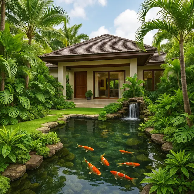 Ide Model Rumah yang Trending 2025 dengan Banyak Tumbuhan dan Kolam Ikan (Image by ChatGPT)