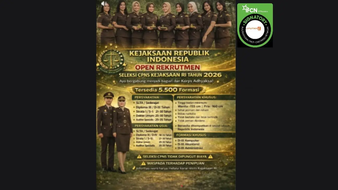 Tangkapan layar klaim informasi rekrutmen CPNS Kejaksaan 2026 periode 3 Januari-16 Maret yang beredar di media sosial TikTok.