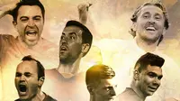 Ilustrasi - Xavi, Andres Iniesta, Sergio Busquets, Luka Modric, Toni Kroos, Casemiro (Bola.com/Adreanus Titus)