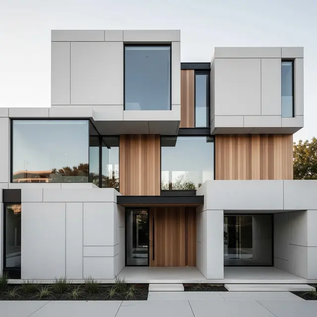 Gambar Rumah Minimalis Tampak Depan dengan Aksen Kaca Modern yang Terlihat Mewah (Image by Gemini AI)