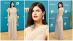 Foto kolase Alexandra Daddario saat tiba pada Primetime Emmy Awards 2022 di Microsoft Theater, Los Angeles, Amerika Serikat, 12 September 2022. Alexandra Daddario mengenakan gaun Dior saat tiba pada Primetime Emmy Awards 2022. (Photo by Richard Shotwell/Invision/AP)