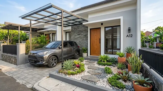 Desain Halaman Depan 3x4 Meter dengan Carport dan Taman Mini