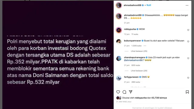 Unggahan Ahmad Sahroni. (Foto: Dok. Instagram @ahmadsahroni88)