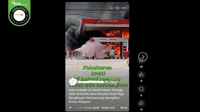 Gambar tangkapan layar video yang diklaim sebuah SPBU di kawasan Bekasi, Jawa Barat mengalami kebakaran pada awal April 2025. (sumber: Facebook)