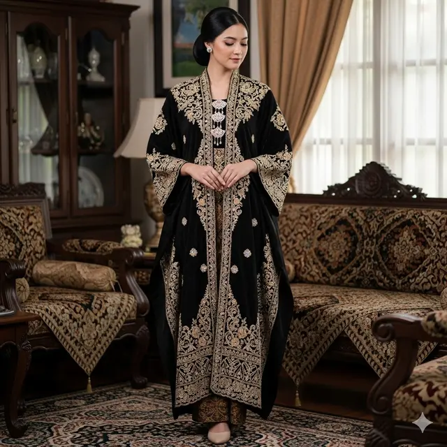 Model Gamis Hitam Bordir Emas Kombinasi Silver (Image by Gemini)