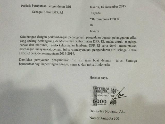 Ini Isi Surat Mundur Setya Novanto Dari Ketua Dpr News Liputan6 Com