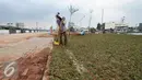 Pekerja menyelesaikan penanaman rumput di area Ruang Terbuka Hijau (RTH) di Kalijodo, Jakarta Barat, Sabtu (10/12). Pembangunan taman ini ditargetkan akan selesai akhir tahun 2017. (Liputan6.com/Yoppy Renato)