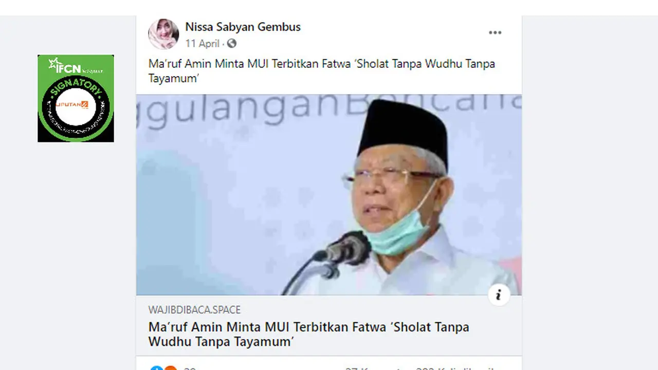 Penelusuran Klaim Ma'aruf Amin Minta MUI Terbitkan Fatwa Salat Tanpa Wudu dan Tayamum