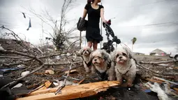 Seorang wanita membawa tiga anjing diantara puing-puing rumah yang rusak akibat Tornado di New Orleans, AS (7/2). (Sean Gardner/Getty Images/AFP)