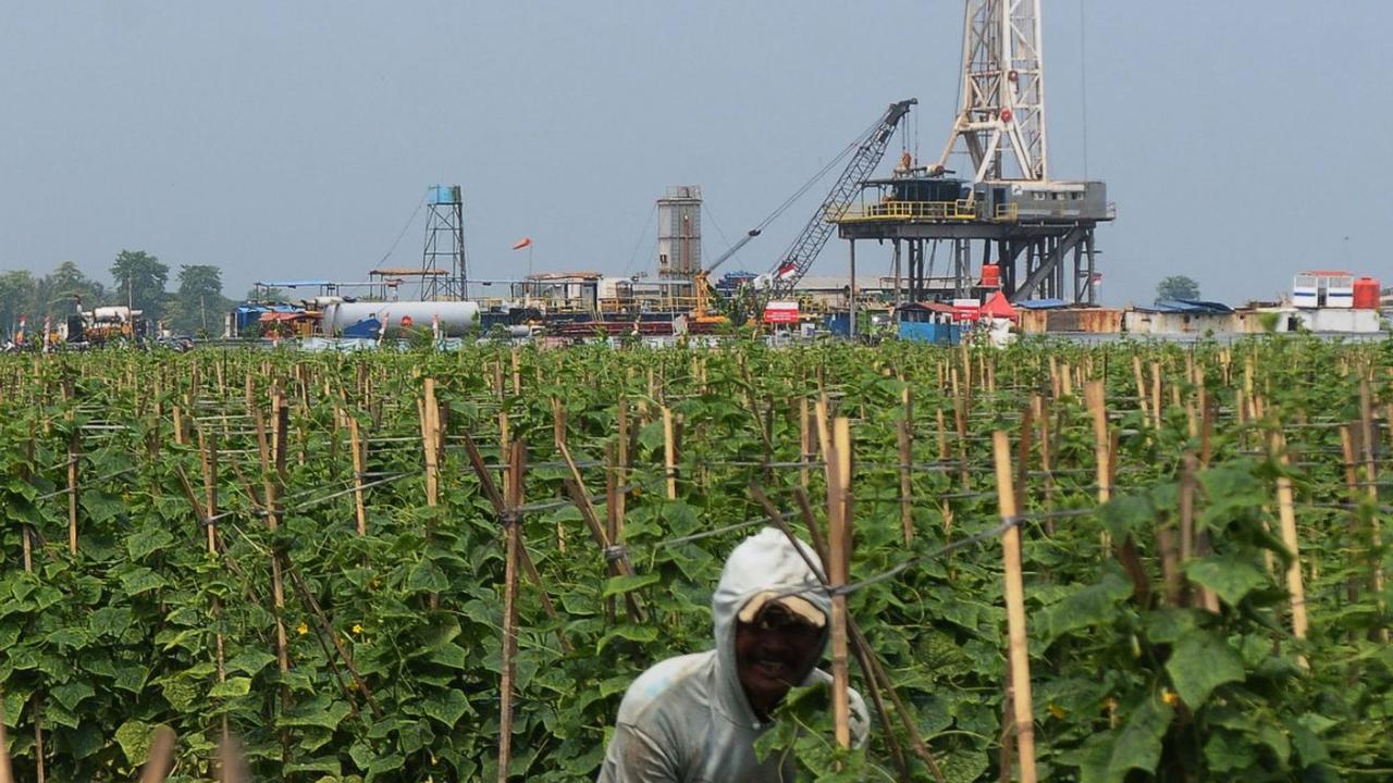 Petani melakukan perawatan persawahan yang bersebelahan langsung dengan sumur eksplorasi East Pondok Aren (EPN)-001 di WK PEP Tambun Field, di Desa Sukawijaya, Tambelang, Kabupaten Bekasi, Jawa Barat Kamis (28/12/2023).<br>
